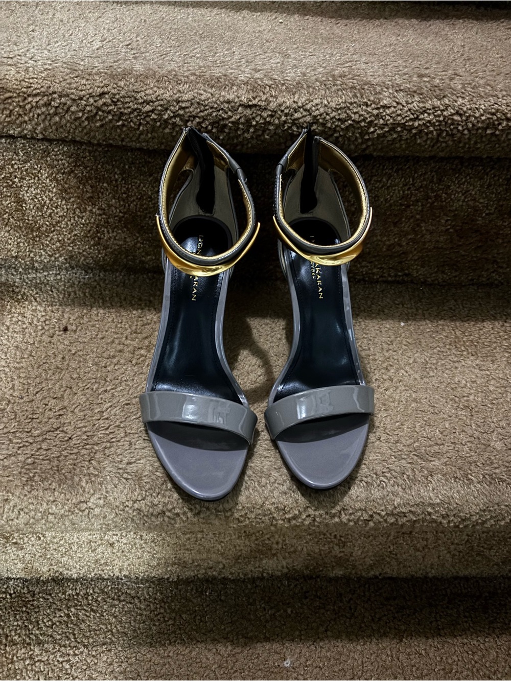 Donna Karen Sabrina Women's Gray Ankle-Strap Heels with Gold Accent